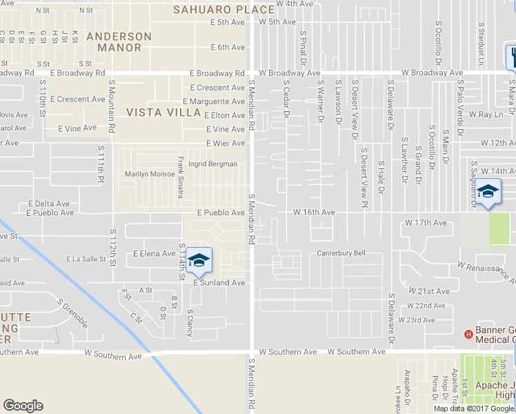 map of restaurants, bars, coffee shops, grocery stores, and more near 1579 South Meridian Road in Apache Junction