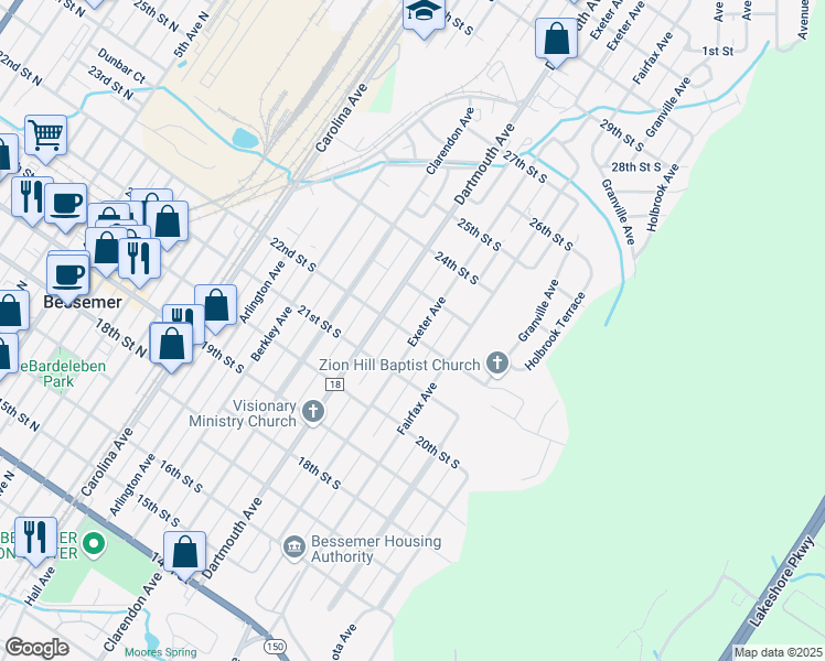 map of restaurants, bars, coffee shops, grocery stores, and more near 2200 Exeter Avenue in Bessemer