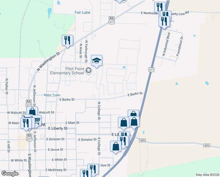 map of restaurants, bars, coffee shops, grocery stores, and more near 142 Cole Ln in Pilot Point