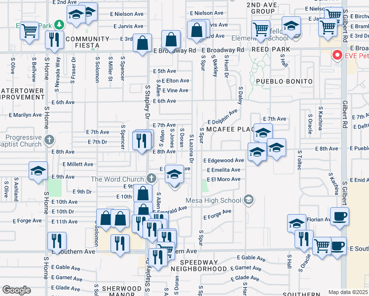 map of restaurants, bars, coffee shops, grocery stores, and more near 759 South Doran in Mesa