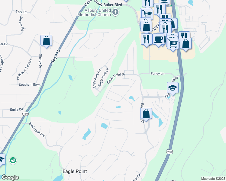 map of restaurants, bars, coffee shops, grocery stores, and more near 249 Griffin Park Trace in Birmingham