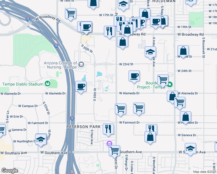 map of restaurants, bars, coffee shops, grocery stores, and more near 2625 South Plaza Drive in Tempe
