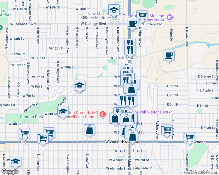 map of restaurants, bars, coffee shops, grocery stores, and more near 707 North Pennsylvania Avenue in Roswell