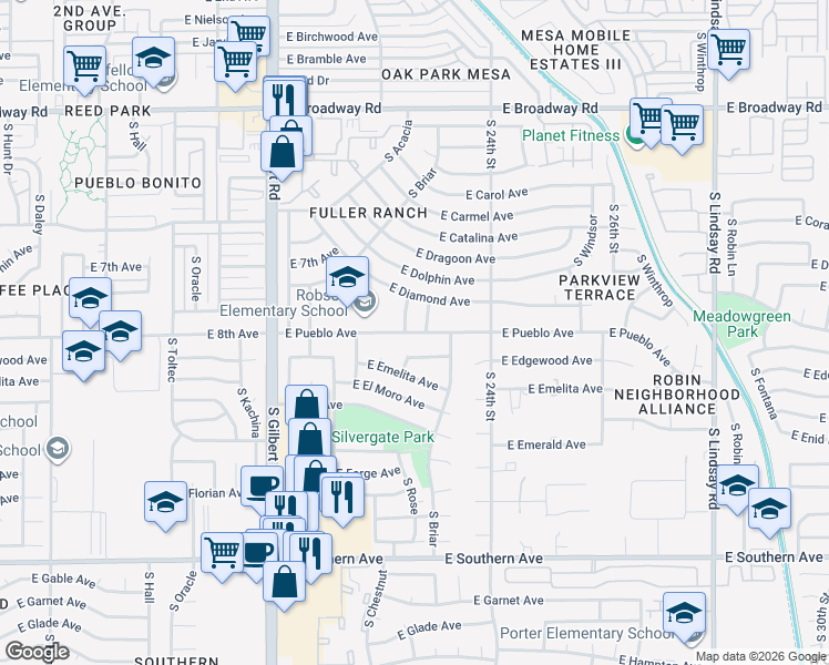 map of restaurants, bars, coffee shops, grocery stores, and more near 2219 East Pueblo Avenue in Mesa