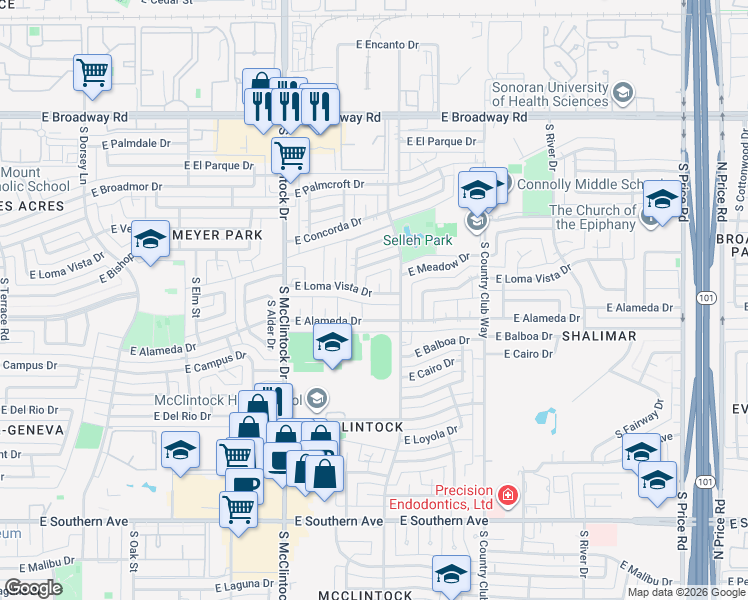 map of restaurants, bars, coffee shops, grocery stores, and more near 1858 East Alameda Drive in Tempe