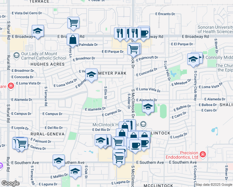 map of restaurants, bars, coffee shops, grocery stores, and more near 1622 East Penny Drive in Tempe