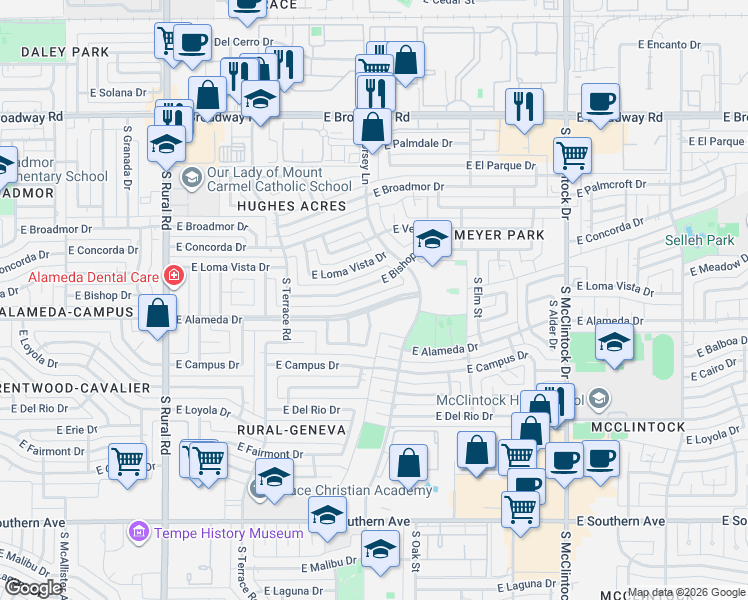 map of restaurants, bars, coffee shops, grocery stores, and more near 1206 East Alameda Drive in Tempe