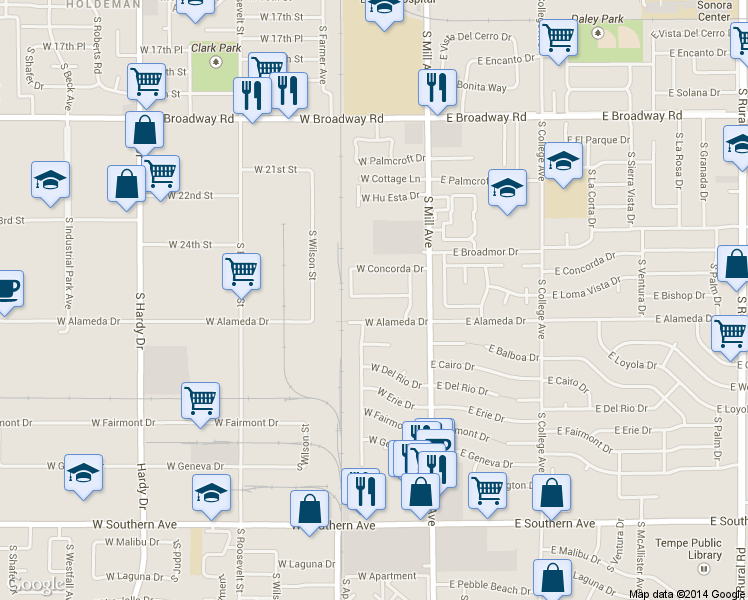 map of restaurants, bars, coffee shops, grocery stores, and more near 102 West Alameda Drive in Tempe