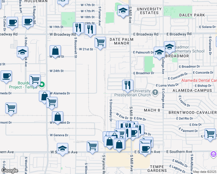 map of restaurants, bars, coffee shops, grocery stores, and more near 220 West Alameda Drive in Tempe
