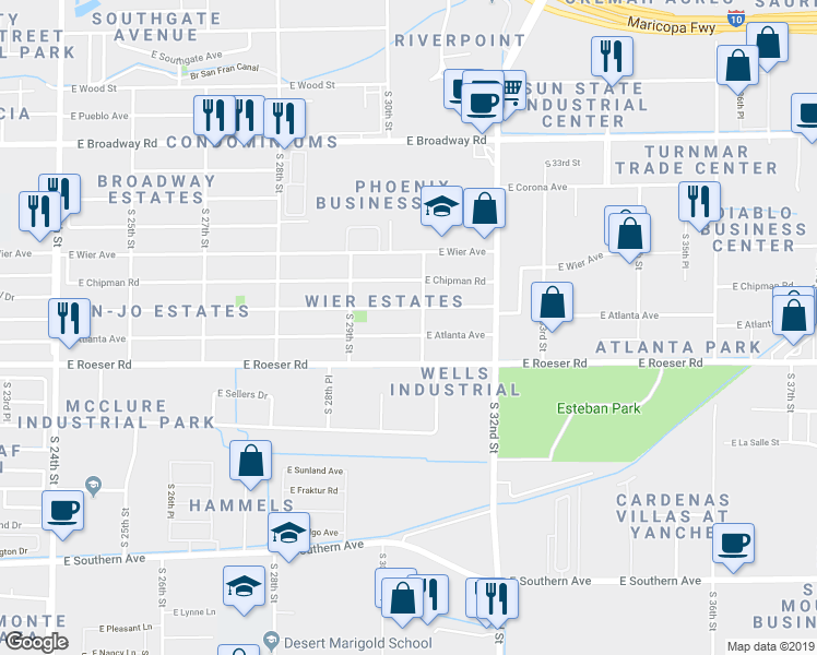 map of restaurants, bars, coffee shops, grocery stores, and more near 2957 East Atlanta Avenue in Phoenix
