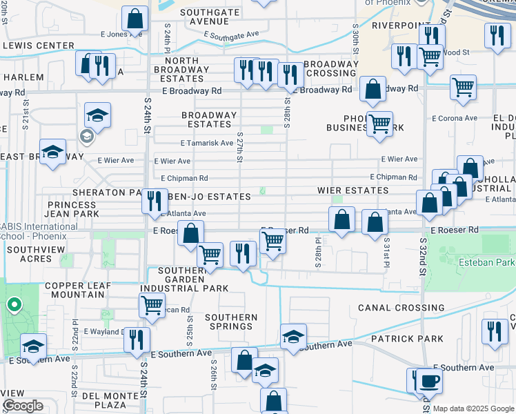 map of restaurants, bars, coffee shops, grocery stores, and more near 2727 East Atlanta Avenue in Phoenix