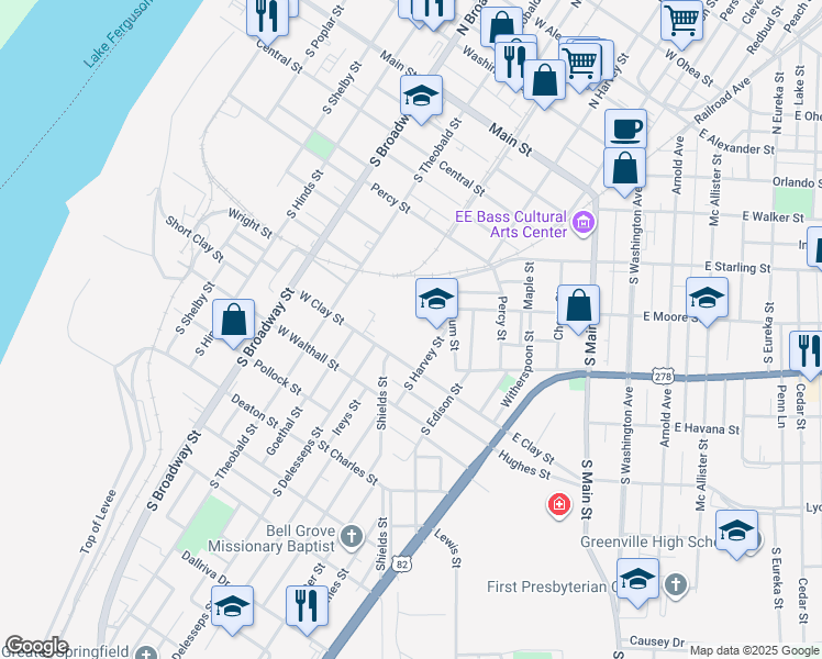 map of restaurants, bars, coffee shops, grocery stores, and more near 600 South Harvey Street in Greenville