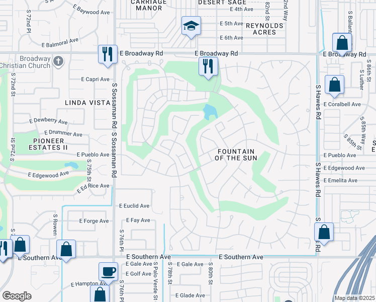map of restaurants, bars, coffee shops, grocery stores, and more near 738 South Arrowwood Way in Mesa