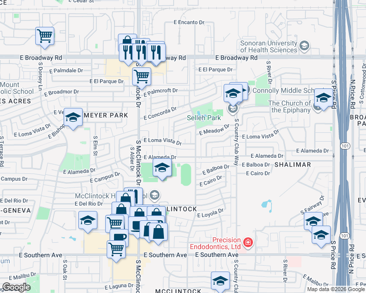 map of restaurants, bars, coffee shops, grocery stores, and more near 1858 East Alameda Drive in Tempe