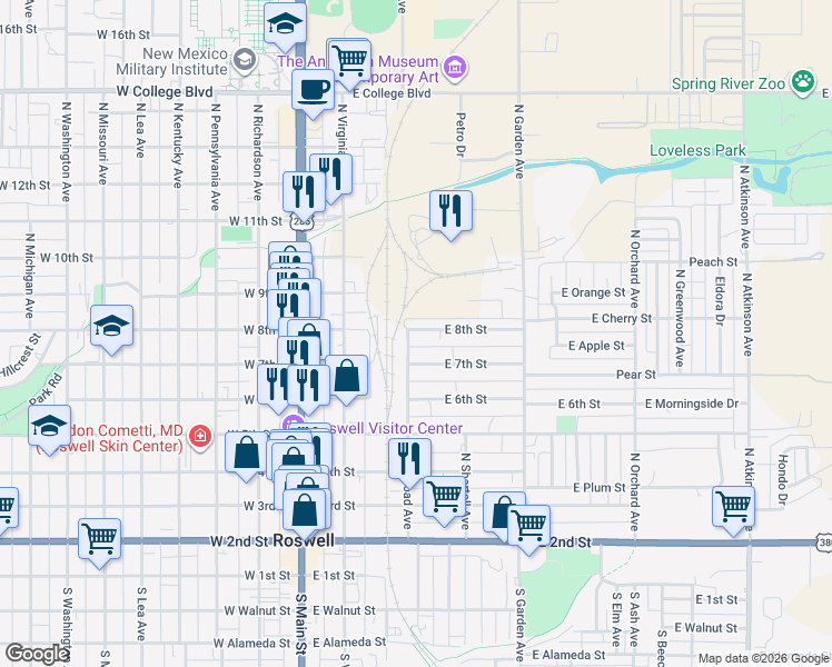 map of restaurants, bars, coffee shops, grocery stores, and more near 300 East 8th Street in Roswell