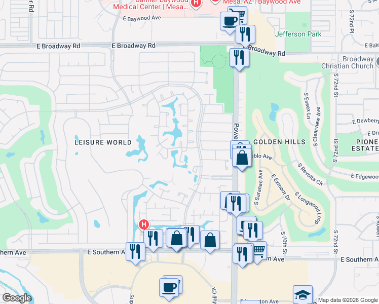 map of restaurants, bars, coffee shops, grocery stores, and more near 701 Leisure World in Mesa