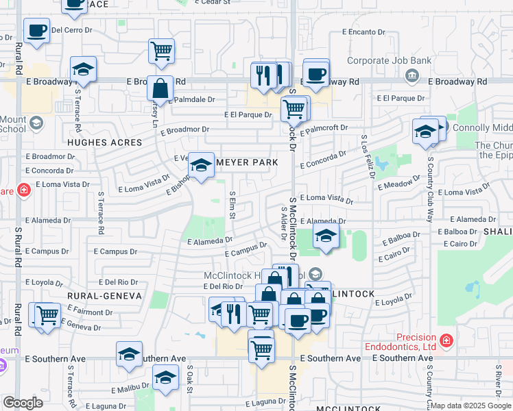 map of restaurants, bars, coffee shops, grocery stores, and more near 1622 East Penny Drive in Tempe