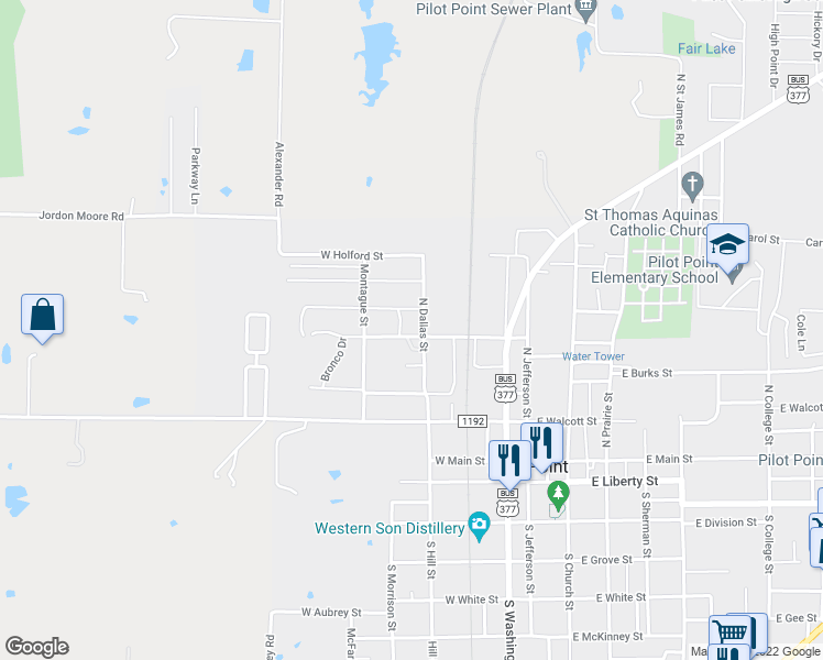 map of restaurants, bars, coffee shops, grocery stores, and more near 408 West Broad Street in Pilot Point