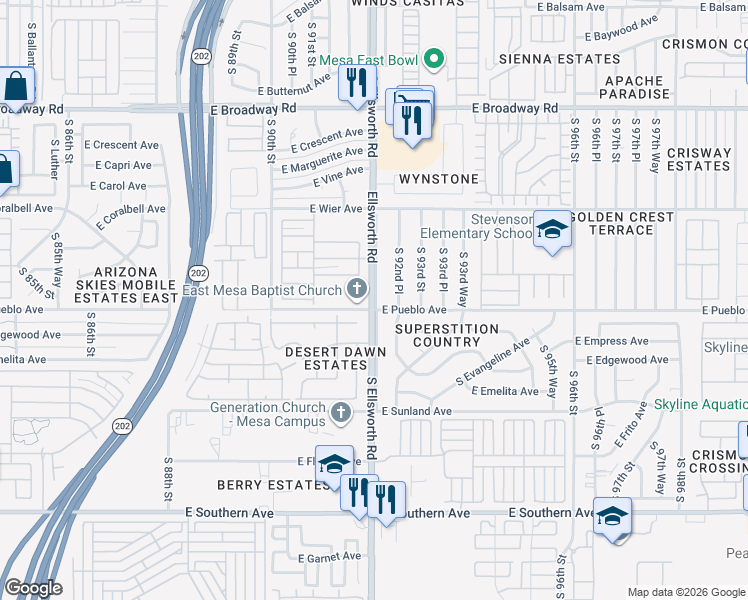 map of restaurants, bars, coffee shops, grocery stores, and more near 9126 East Eleanor Avenue in Mesa