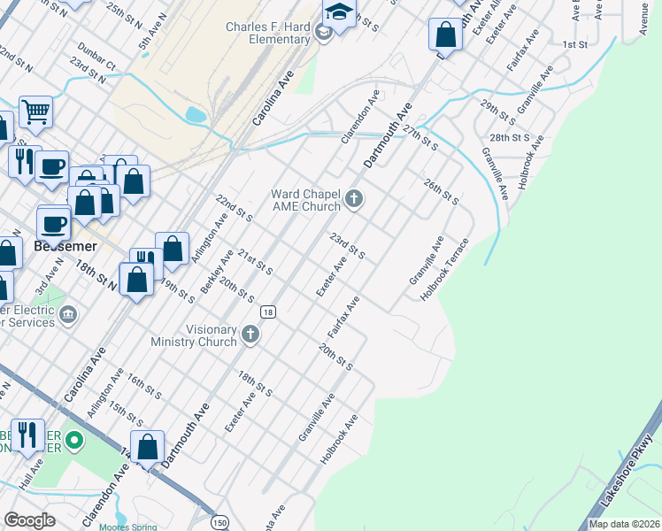 map of restaurants, bars, coffee shops, grocery stores, and more near in Bessemer