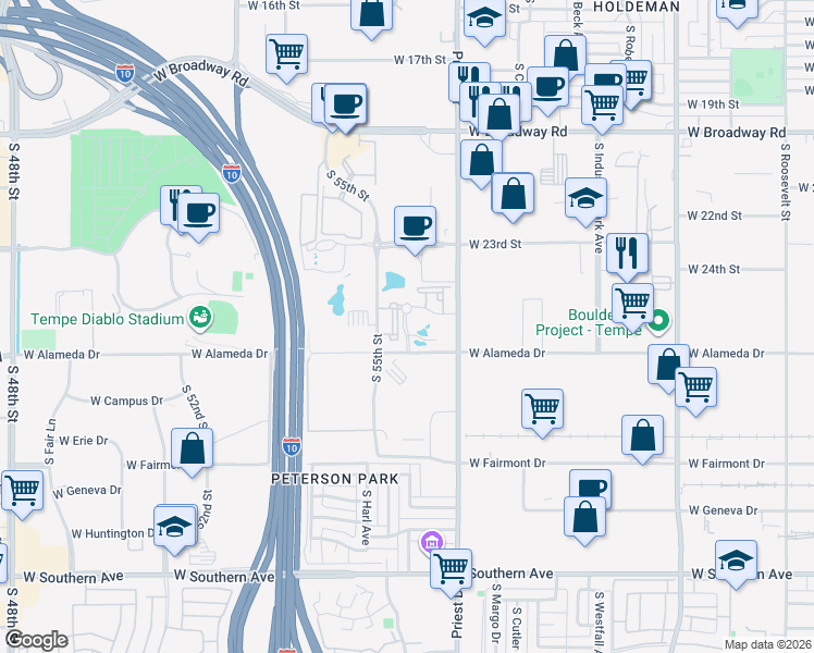 map of restaurants, bars, coffee shops, grocery stores, and more near South Plaza Drive in Tempe