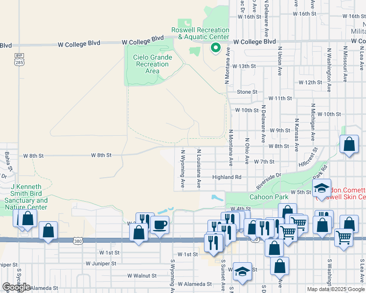 map of restaurants, bars, coffee shops, grocery stores, and more near 1500 West 8th Street in Roswell