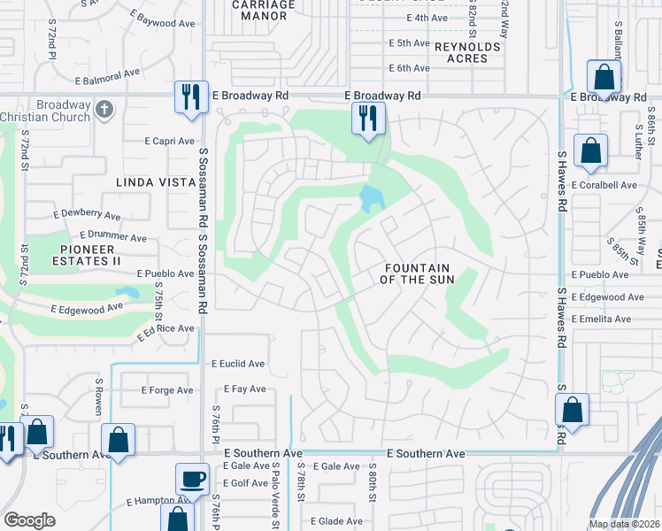 map of restaurants, bars, coffee shops, grocery stores, and more near 738 South Arrowwood Way in Mesa