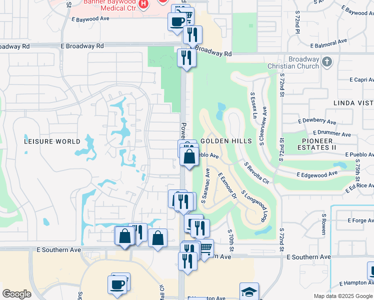 map of restaurants, bars, coffee shops, grocery stores, and more near 801 South Power Road in Mesa