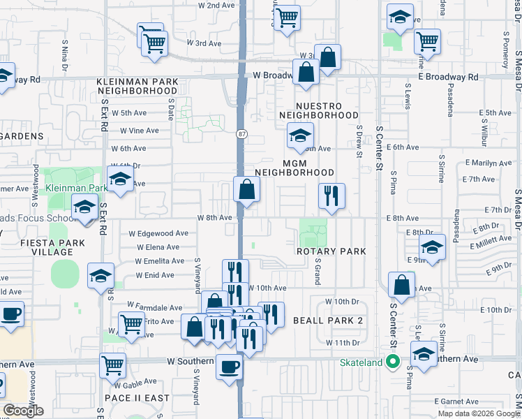 map of restaurants, bars, coffee shops, grocery stores, and more near 313 West 8th Avenue in Mesa