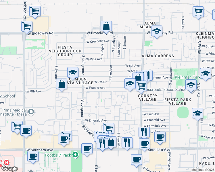 map of restaurants, bars, coffee shops, grocery stores, and more near 1425 West Pueblo Avenue in Mesa