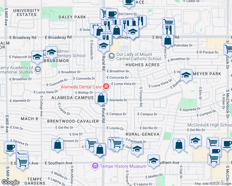 map of restaurants, bars, coffee shops, grocery stores, and more near 2616 South Bonarden Lane in Tempe