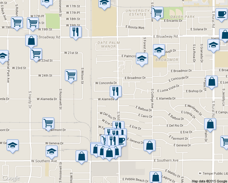 map of restaurants, bars, coffee shops, grocery stores, and more near 12 West Alameda Drive in Tempe
