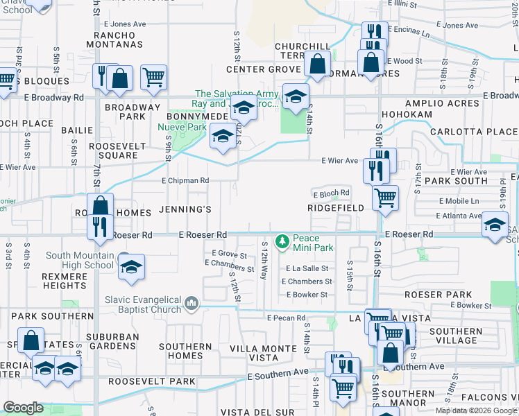 map of restaurants, bars, coffee shops, grocery stores, and more near 1230 East Roeser Road in Phoenix