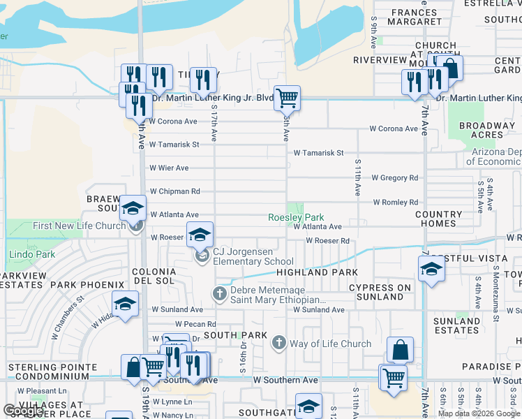 map of restaurants, bars, coffee shops, grocery stores, and more near 1531 West Atlanta Avenue in Phoenix