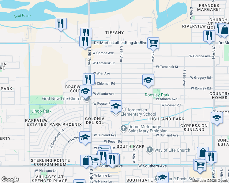 map of restaurants, bars, coffee shops, grocery stores, and more near 1737 West Atlanta Avenue in Phoenix