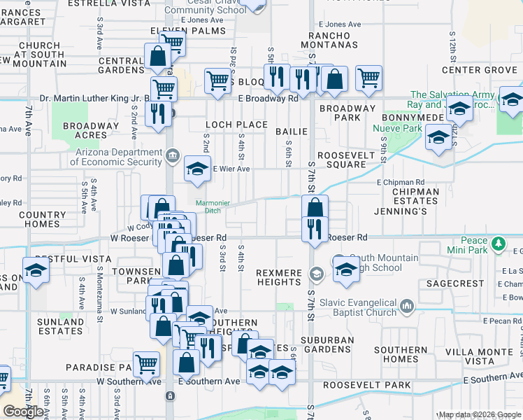 map of restaurants, bars, coffee shops, grocery stores, and more near 454 East Roeser Road in Phoenix