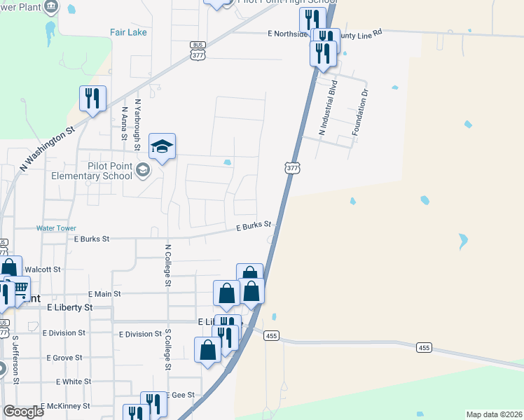 map of restaurants, bars, coffee shops, grocery stores, and more near 400 U.S. 377 in Pilot Point