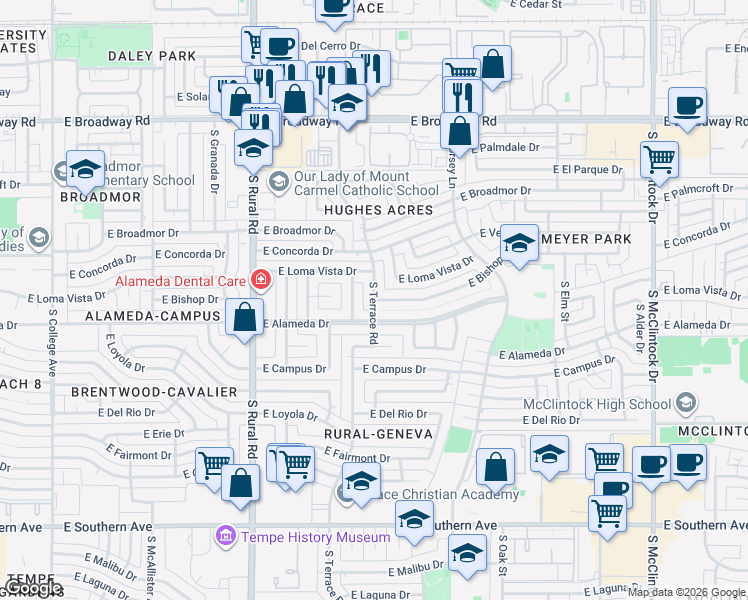 map of restaurants, bars, coffee shops, grocery stores, and more near 1000 East Bishop Drive in Tempe