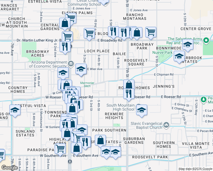 map of restaurants, bars, coffee shops, grocery stores, and more near 454 East Roeser Road in Phoenix