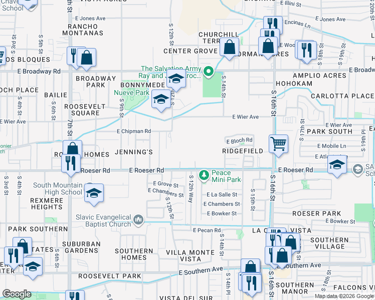 map of restaurants, bars, coffee shops, grocery stores, and more near 1230 East Roeser Road in Phoenix