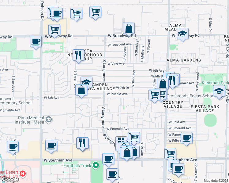 map of restaurants, bars, coffee shops, grocery stores, and more near 1509 West Pueblo Avenue in Mesa