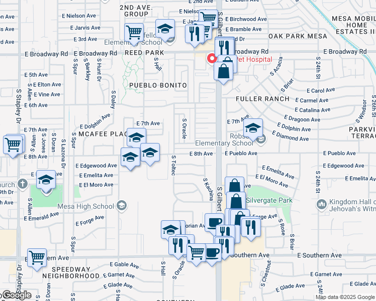 map of restaurants, bars, coffee shops, grocery stores, and more near 1850 East 8th Avenue in Mesa