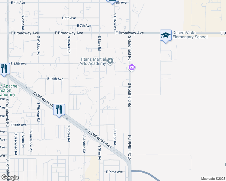 map of restaurants, bars, coffee shops, grocery stores, and more near 1560 South Hilton Road in Apache Junction