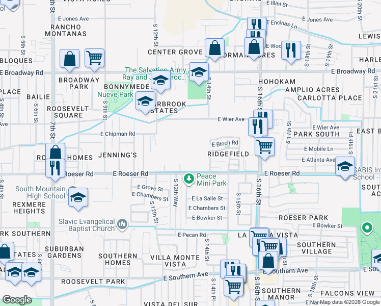 map of restaurants, bars, coffee shops, grocery stores, and more near 1250 East Roeser Road in Phoenix