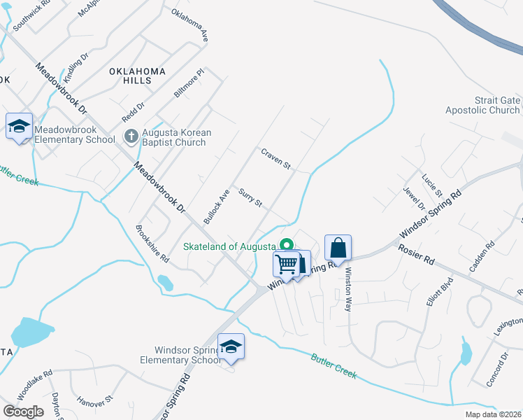map of restaurants, bars, coffee shops, grocery stores, and more near 3521 Byron Place in Augusta