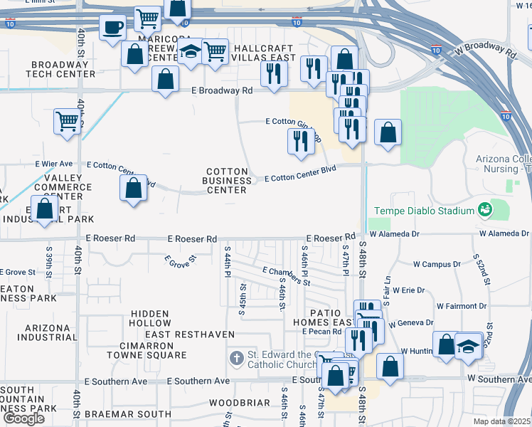 map of restaurants, bars, coffee shops, grocery stores, and more near 4425 East Cotton Center Boulevard in Phoenix