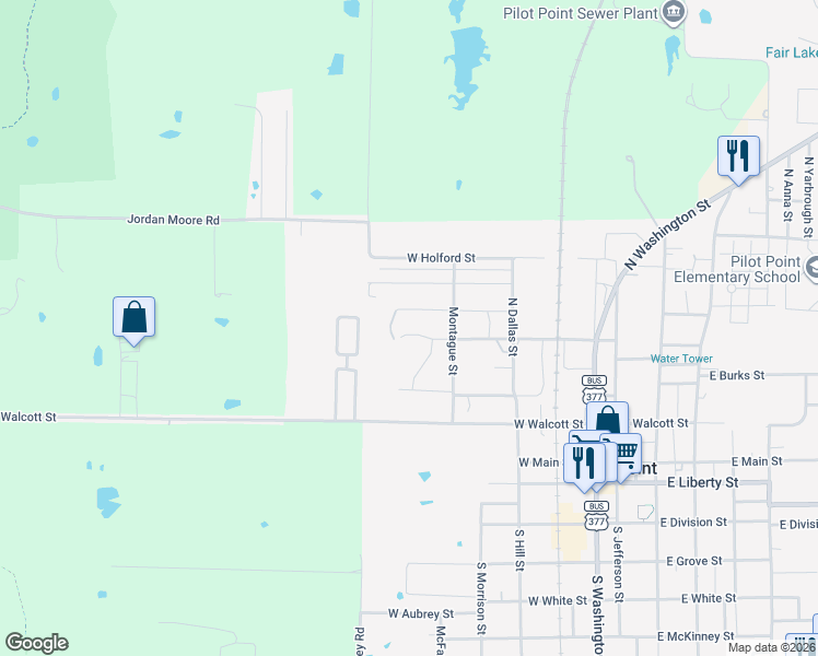 map of restaurants, bars, coffee shops, grocery stores, and more near 659 Gould Street in Pilot Point