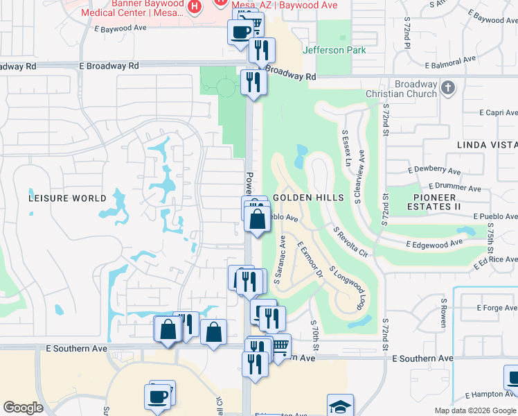map of restaurants, bars, coffee shops, grocery stores, and more near 801 South Power Road in Mesa