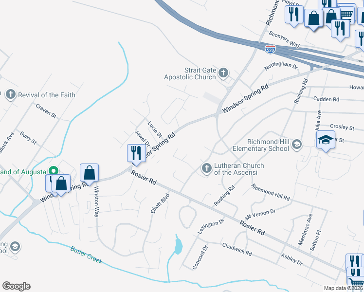 map of restaurants, bars, coffee shops, grocery stores, and more near 2307 Summit Court in Augusta