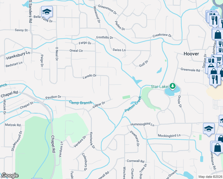 map of restaurants, bars, coffee shops, grocery stores, and more near 285 Laredo Drive in Birmingham